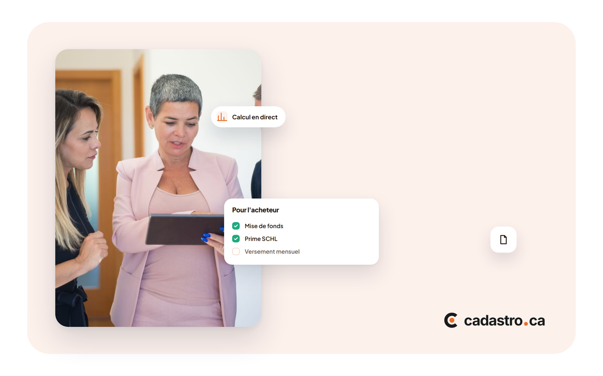 Courtière montrant un calcul sur sa tablette à deux clients