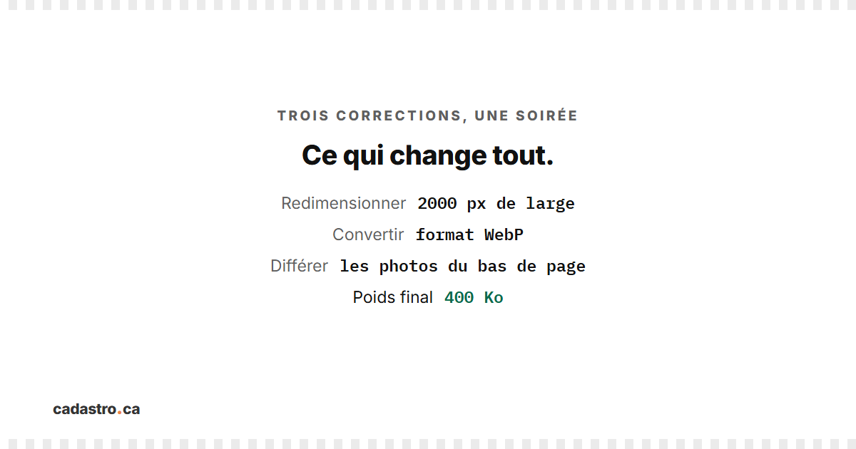 Les trois corrections : redimensionner à 2000 pixels, convertir en WebP, différer le chargement