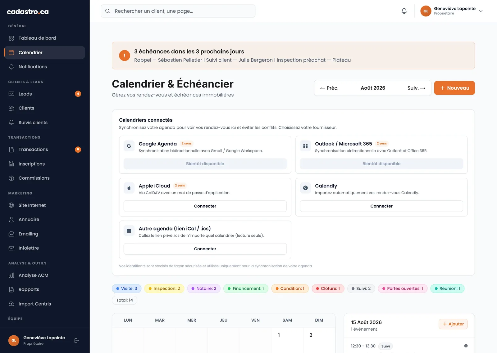 Calendrier des visites, inspections, conditions et notaire