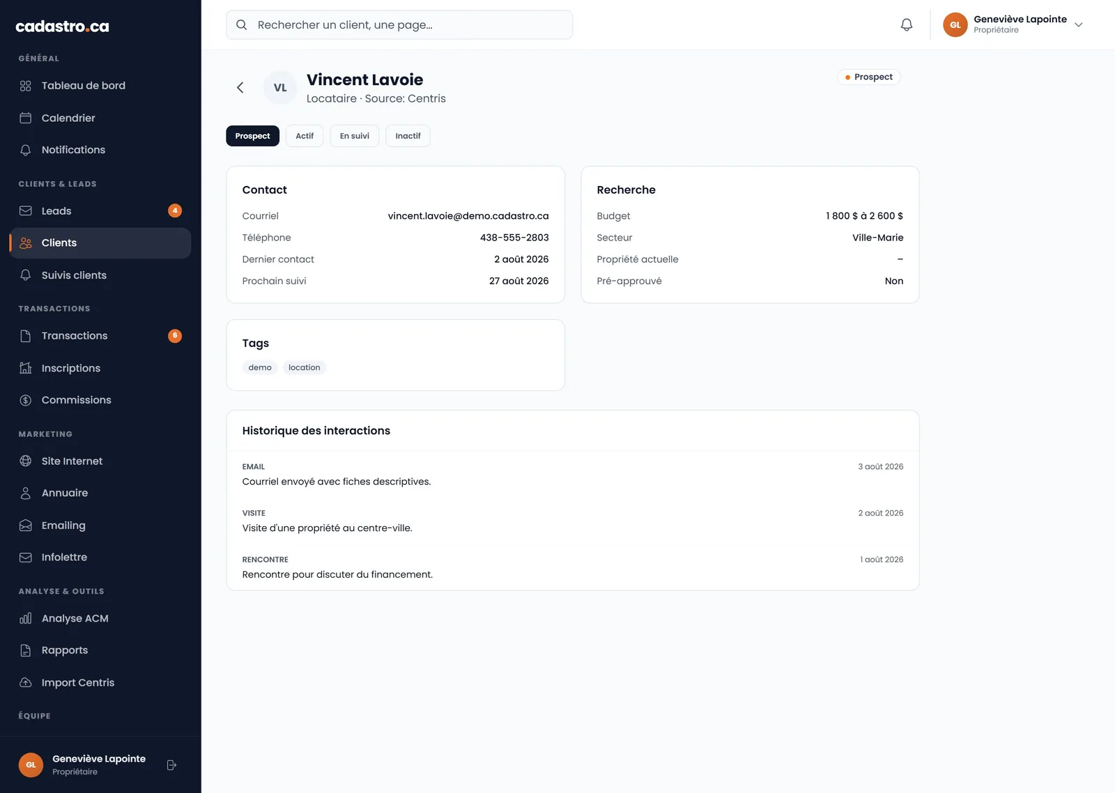 Fiche client détaillée avec historique des interactions