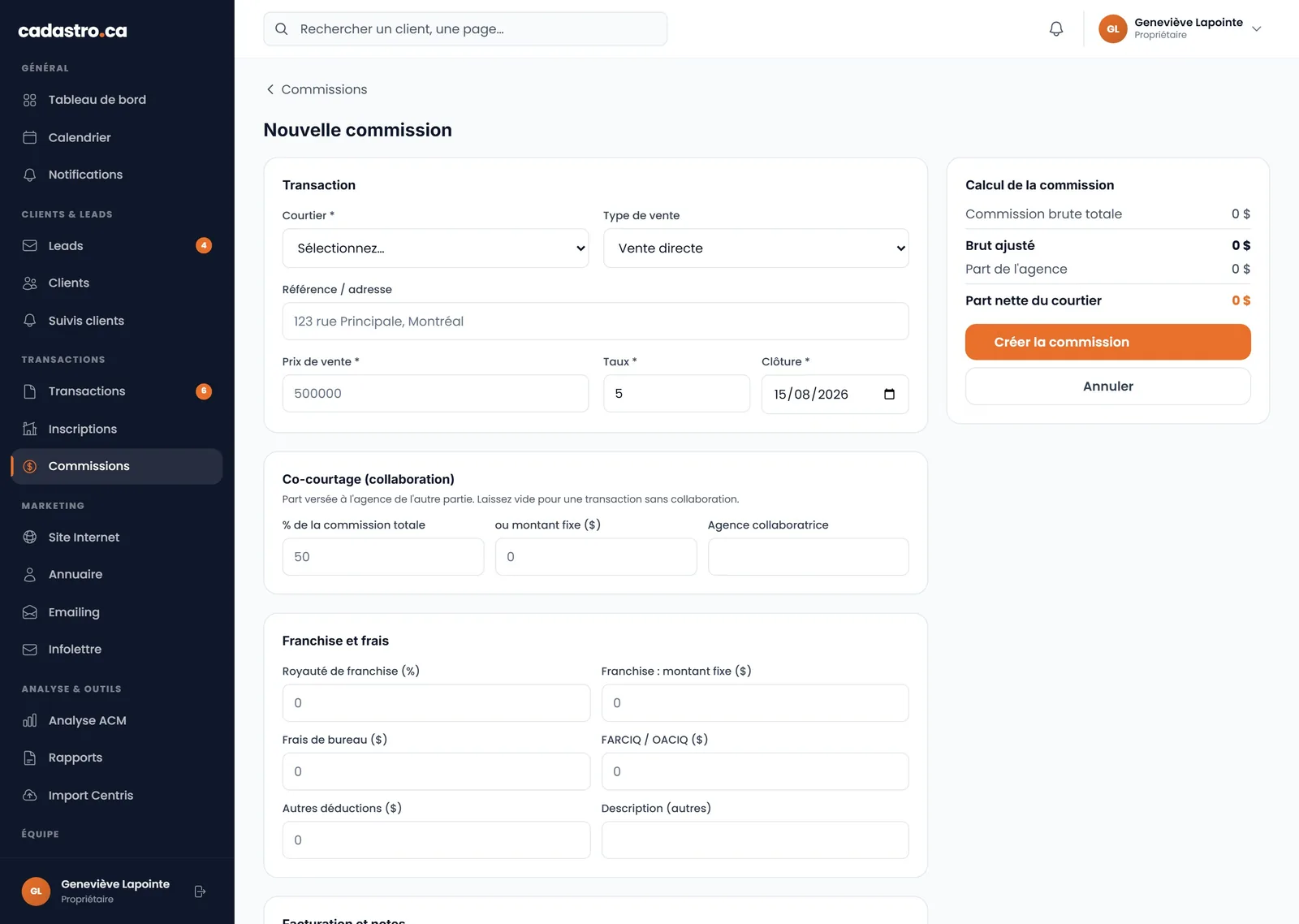 Formulaire de calcul d’une nouvelle commission