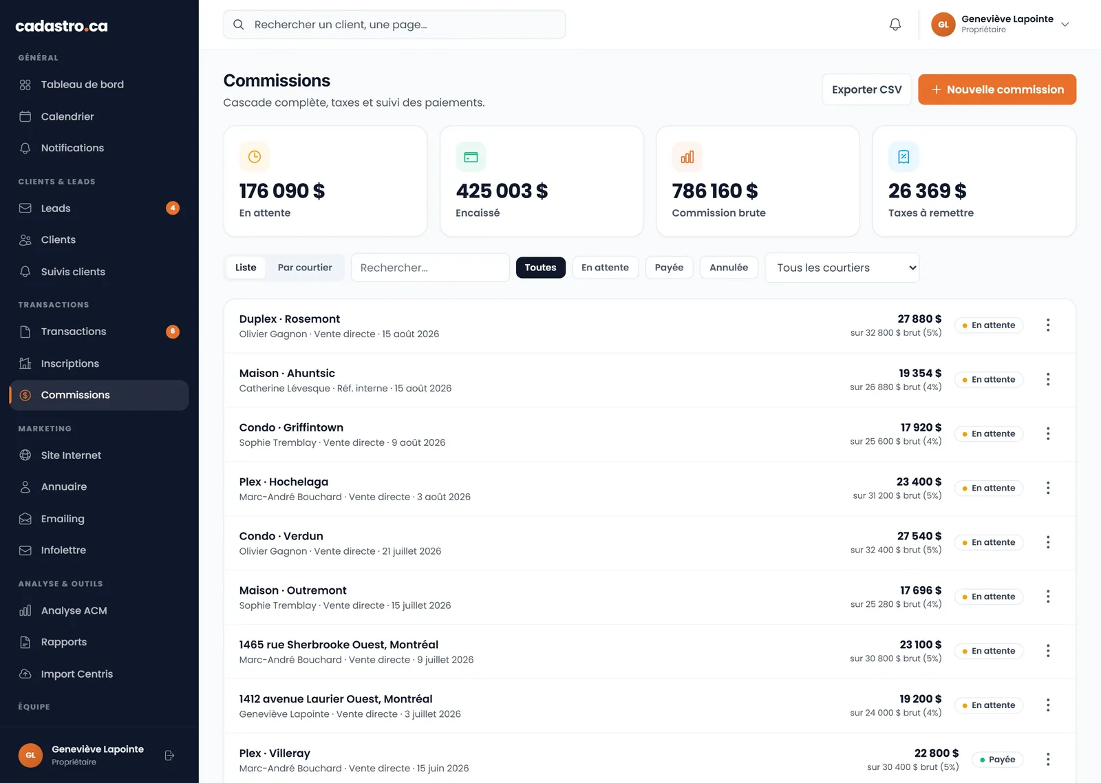 Commissions par courtier avec parts, taxes et suivi des paiements