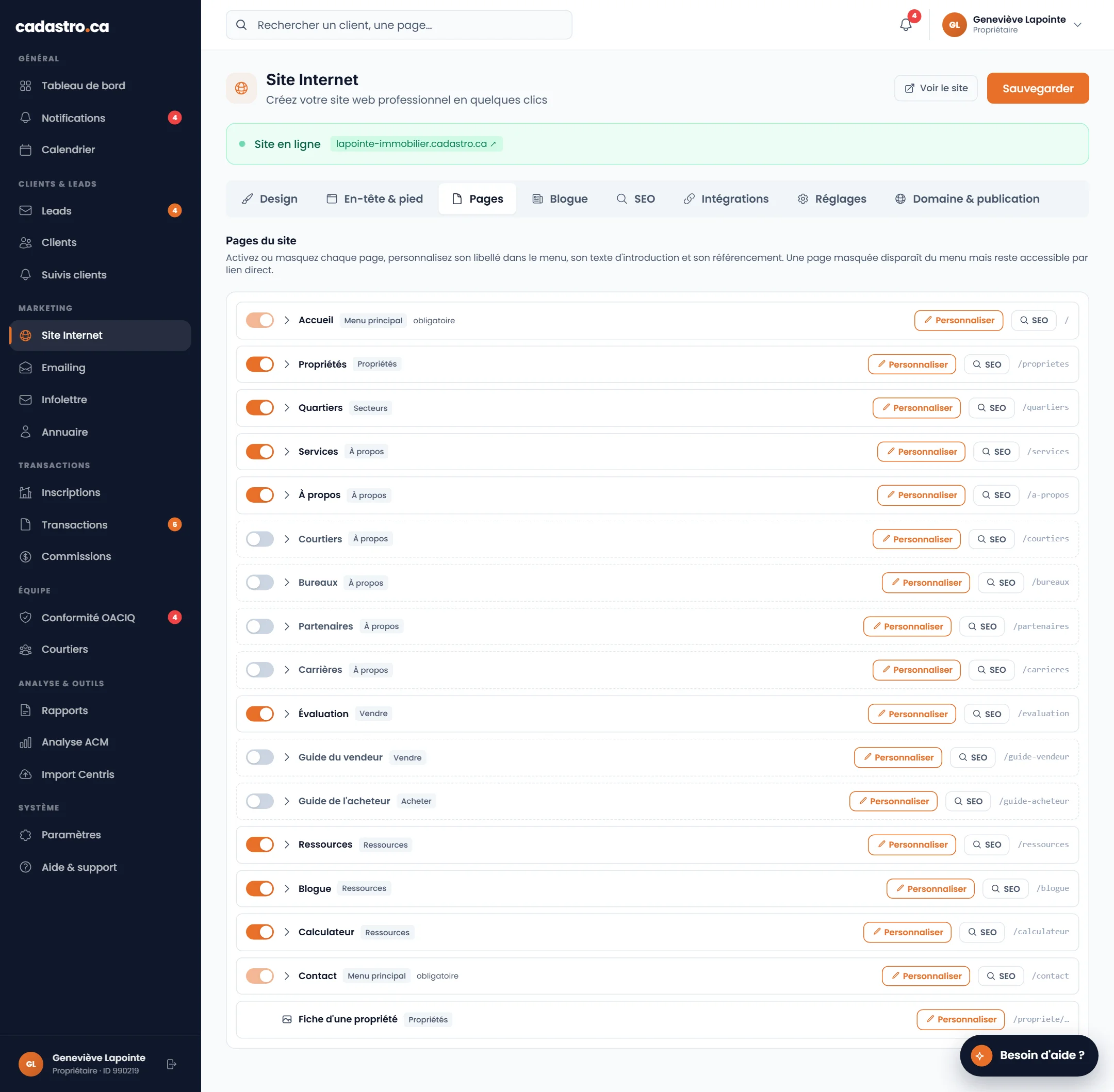 Éditeur de site — Pages