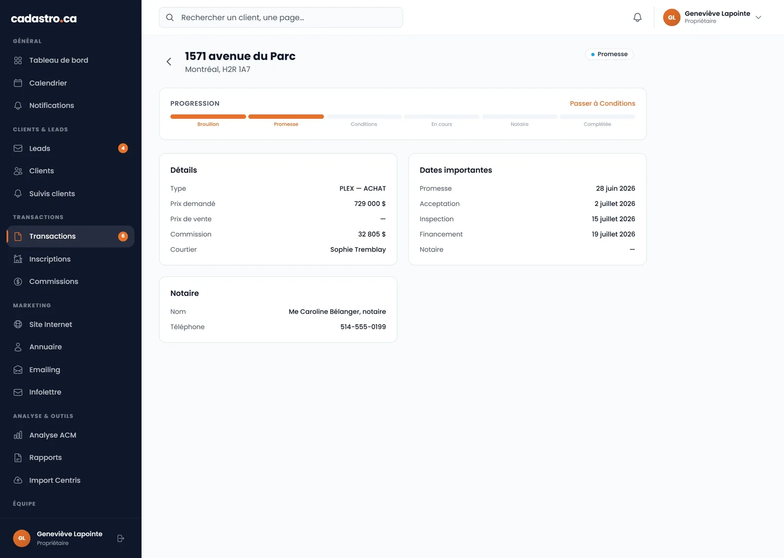 Fiche détaillée d’une transaction avec conditions et échéances