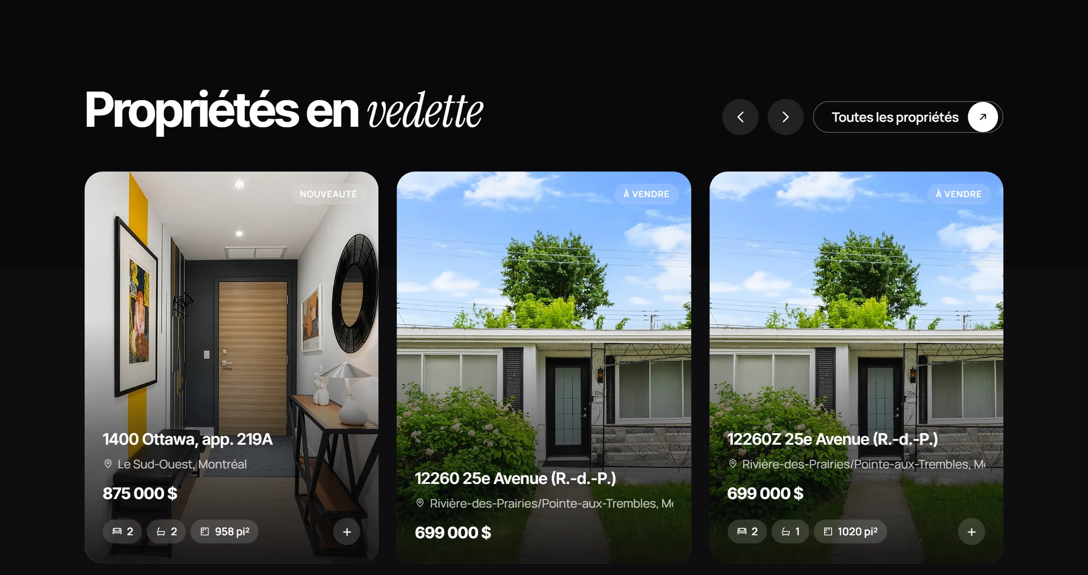 Section des propriétés en vedette sur l’accueil d’un courtier client