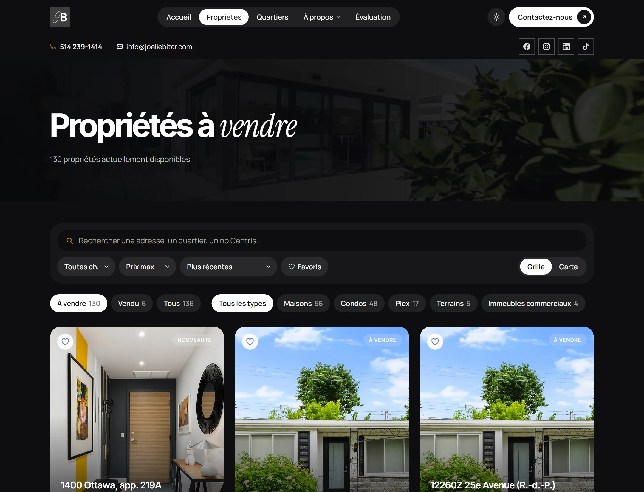 Page des propriétés d’un courtier client, inscriptions Centris synchronisées