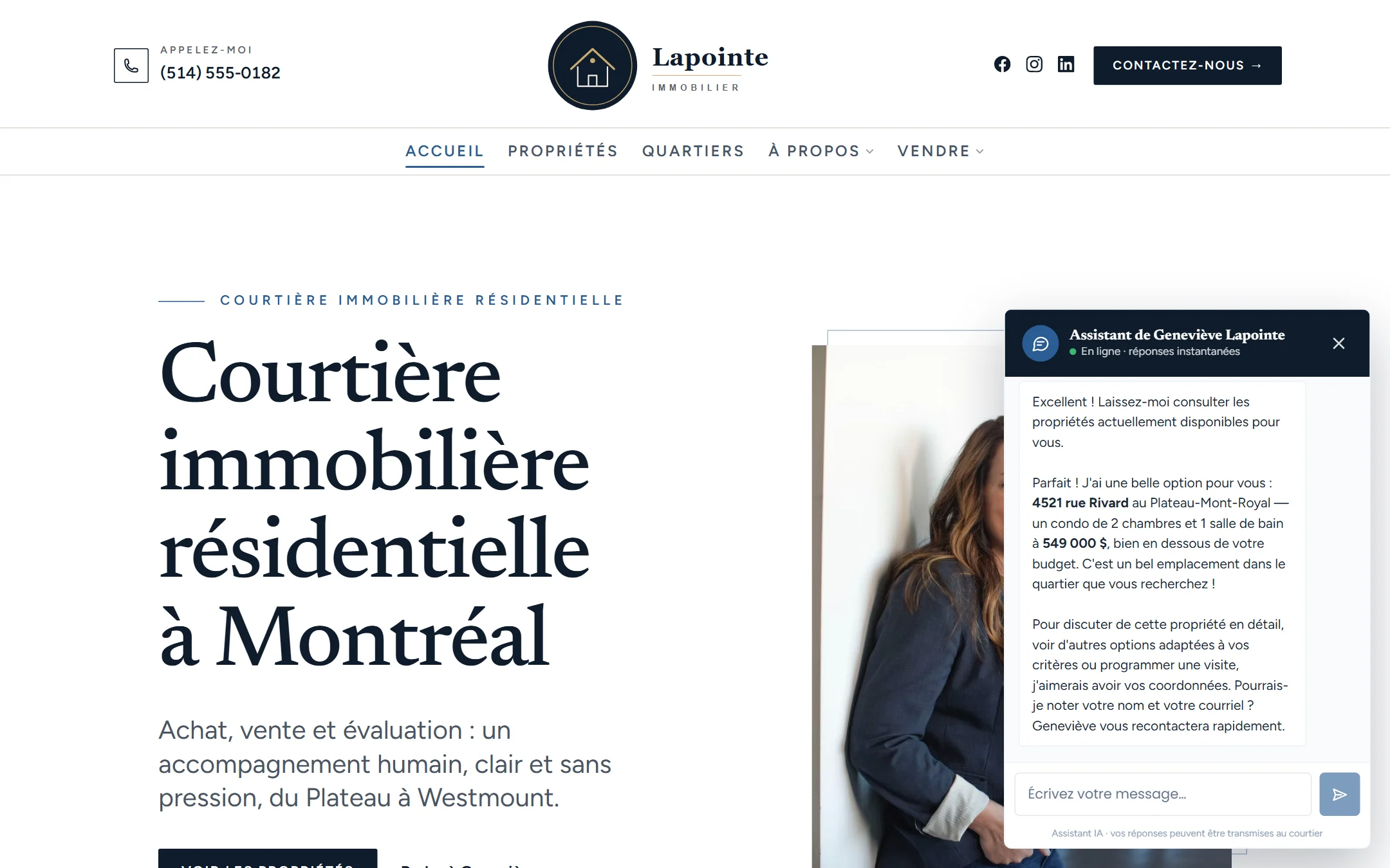 L’assistant du site répond à un visiteur à partir des inscriptions réelles du courtier